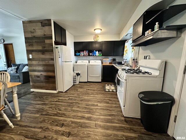 1025 S 15th St, Quincy, IL 62301 - kitchen featuring white appliances, open shelves, washing machine and dryer, dark cabinets, and dark wood-style flooring