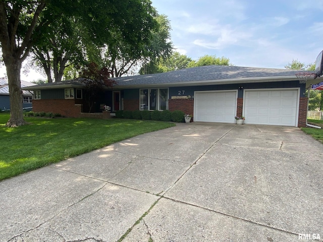 27 Apache Dr, Springfield, IL 62711 - ranch-style home featuring brick siding, a garage, a front yard, driveway, and roof with shingles