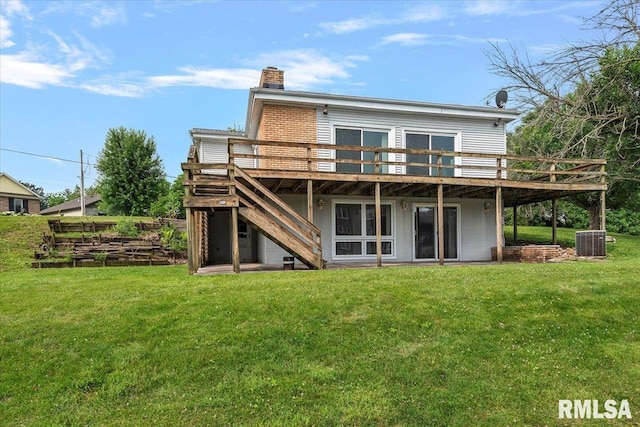 308 Elm Ln, Petersburg, IL 62675 - rear view of house with a deck, a chimney, stairs, and a yard