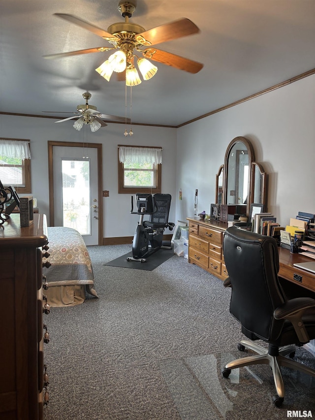 1905 S Whittier Ave, Springfield, IL 62704 - bedroom featuring multiple windows, carpet flooring, a desk, ornamental molding, and a ceiling fan