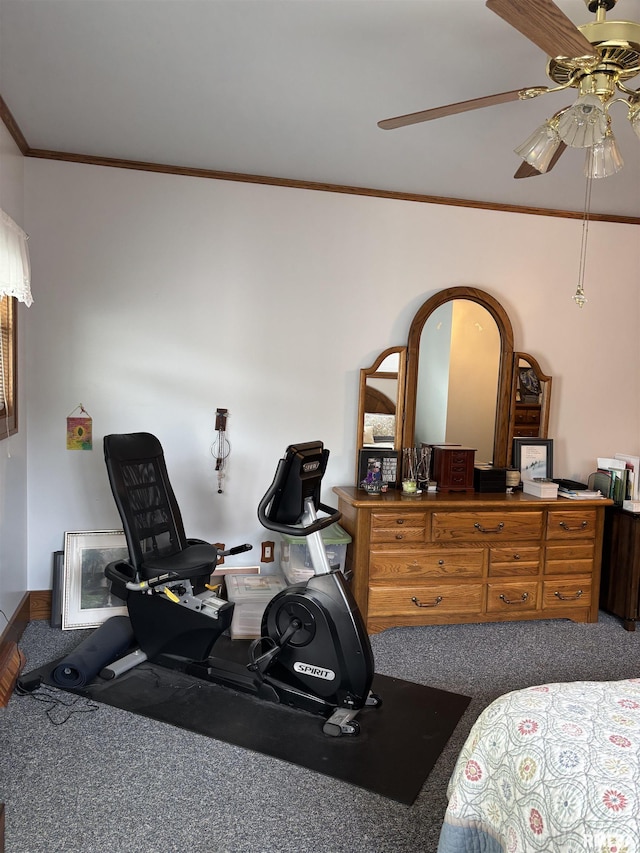 1905 S Whittier Ave, Springfield, IL 62704 - carpeted bedroom with ornamental molding, a ceiling fan, and a desk