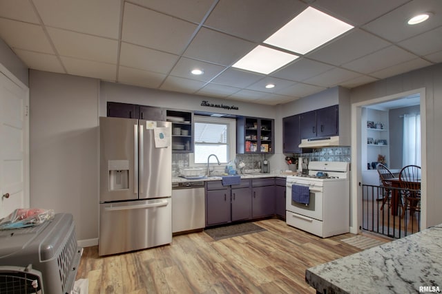 1728 Adams St, Quincy, IL 62301 - kitchen featuring appliances with stainless steel finishes, open shelves, under cabinet range hood, light wood-type flooring, and a paneled ceiling