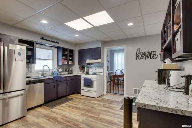 1728 Adams St, Quincy, IL 62301 - kitchen featuring stainless steel appliances, open shelves, under cabinet range hood, light wood finished floors, and light countertops
