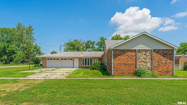 205 E Pine St, Broadwell, IL 62634 - ranch-style home with brick siding, concrete driveway, a front lawn, and an attached garage