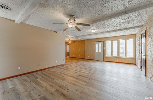205 E Pine St, Broadwell, IL 62634 - unfurnished living room with ceiling fan, light wood-style flooring, a textured ceiling, and beam ceiling