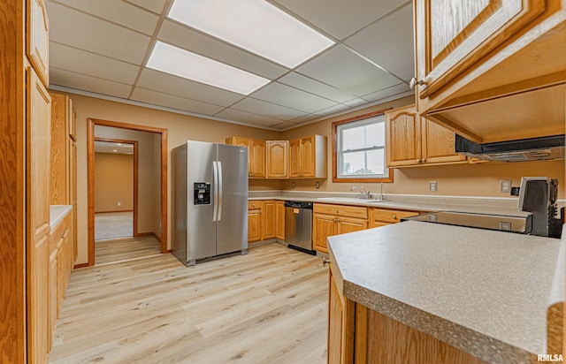 205 E Pine St, Broadwell, IL 62634 - kitchen with appliances with stainless steel finishes, light wood-style flooring, exhaust hood, and a drop ceiling