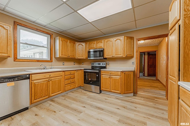 205 E Pine St, Broadwell, IL 62634 - kitchen with appliances with stainless steel finishes, a paneled ceiling, light wood-type flooring, and light countertops