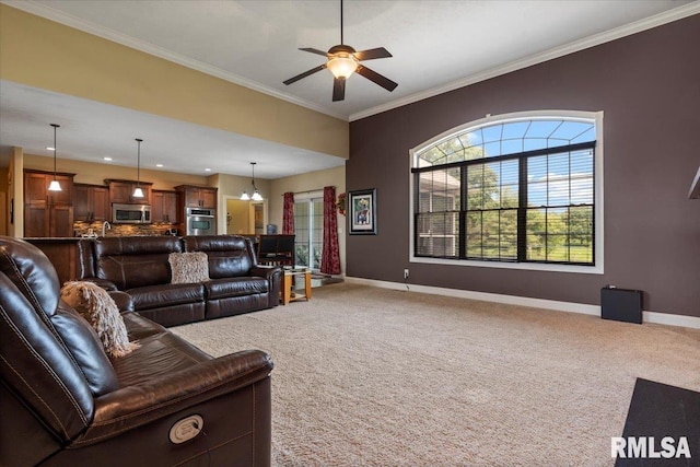5408 Cromwell Pl, Springfield, IL 62711 - carpeted living area featuring a ceiling fan, crown molding, and recessed lighting