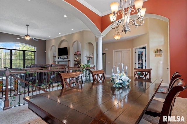 5408 Cromwell Pl, Springfield, IL 62711 - dining area with ceiling fan, crown molding, arched walkways, recessed lighting, and a chandelier