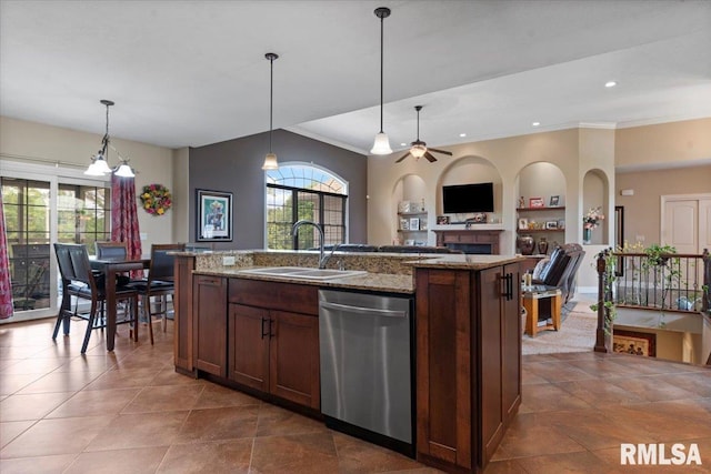 5408 Cromwell Pl, Springfield, IL 62711 - kitchen with stainless steel dishwasher, ornamental molding, decorative light fixtures, light stone countertops, and a kitchen island with sink