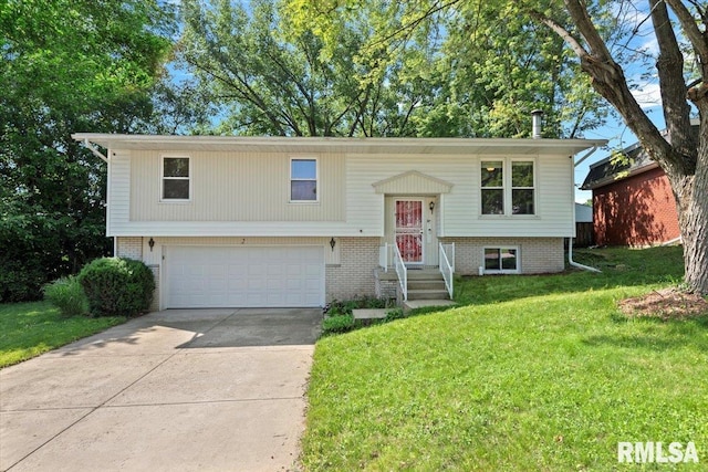 2 Mesa Rd, Springfield, IL 62702 - split foyer home featuring an attached garage, concrete driveway, a front lawn, and brick siding
