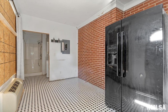 421 W Jackson Pkwy, Springfield, IL 62704 - hallway featuring electric panel, ornamental molding, light floors, and brick wall