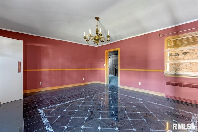 421 W Jackson Pkwy, Springfield, IL 62704 - spare room featuring inlaid floor details, a chandelier, radiator heating unit, and ornamental molding