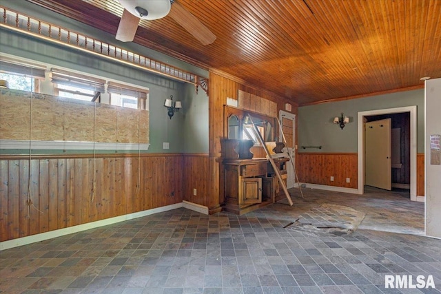 421 W Jackson Pkwy, Springfield, IL 62704 - unfurnished room with wooden walls, a wainscoted wall, wooden ceiling, and a ceiling fan