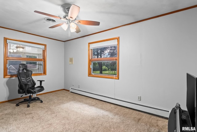1847 New Salem Church Rd, New Berlin, IL 62670 - unfurnished office featuring baseboard heating, carpet, ornamental molding, and a ceiling fan