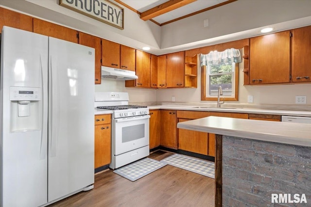 209 W Madison St, Athens, IL 62613 - kitchen with white appliances, under cabinet range hood, open shelves, wood finished floors, and light countertops
