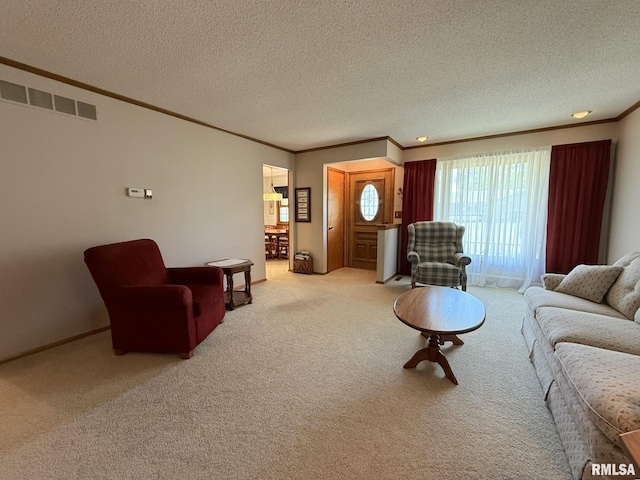 597 Walnut St, Knoxville, IL 61448 - living area with crown molding, carpet, and a textured ceiling