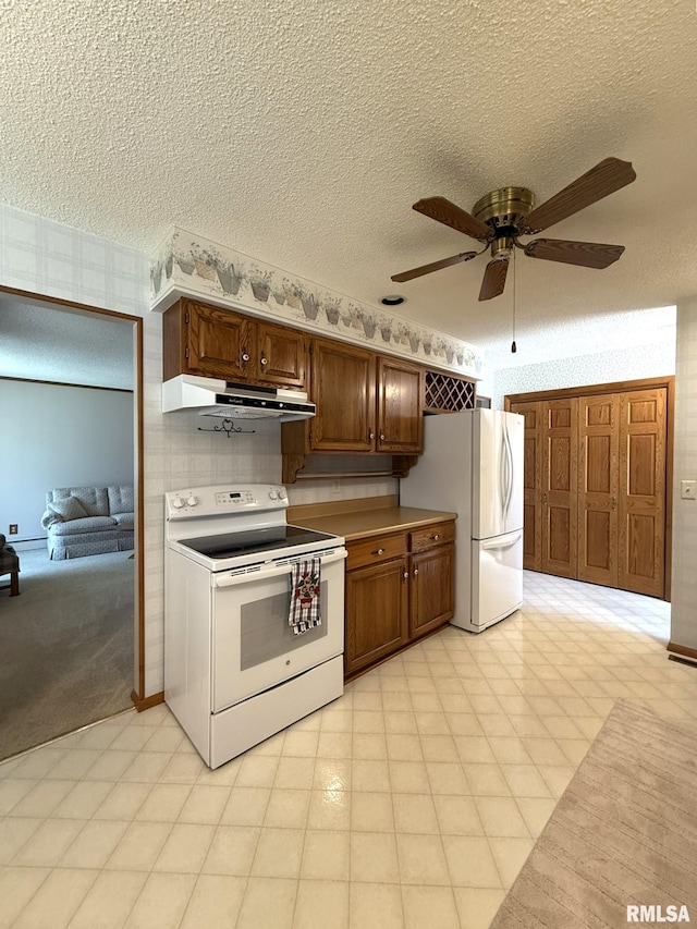 597 Walnut St, Knoxville, IL 61448 - kitchen with white appliances, under cabinet range hood, wallpapered walls, ceiling fan, and a textured ceiling