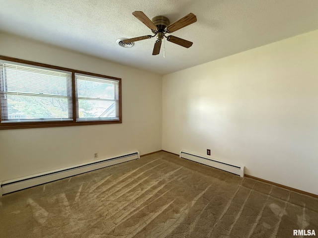 597 Walnut St, Knoxville, IL 61448 - carpeted empty room with a baseboard radiator, a ceiling fan, and a textured ceiling