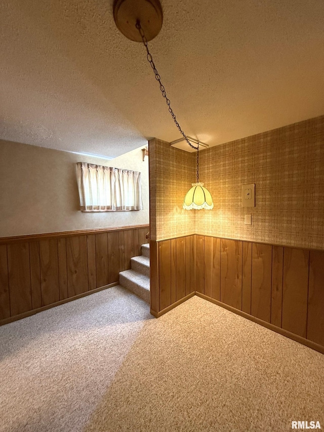 597 Walnut St, Knoxville, IL 61448 - below grade area with a textured ceiling, carpet flooring, stairs, wooden walls, and wainscoting