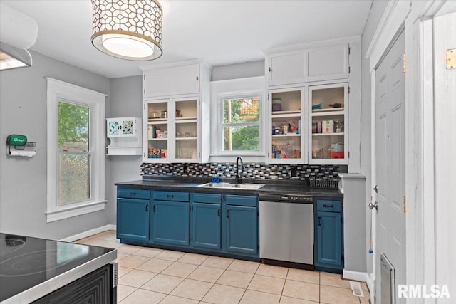 826 S Douglas Ave, Springfield, IL 62704 - kitchen with stainless steel dishwasher, blue cabinets, dark countertops, and healthy amount of natural light