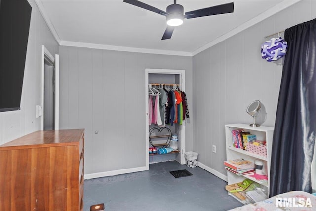 826 S Douglas Ave, Springfield, IL 62704 - bedroom featuring concrete flooring, crown molding, and ceiling fan