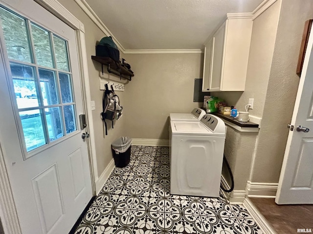 120 S Walnut St, Assumption, IL 62510 - washroom with washer and dryer, cabinet space, crown molding, and light tile patterned flooring