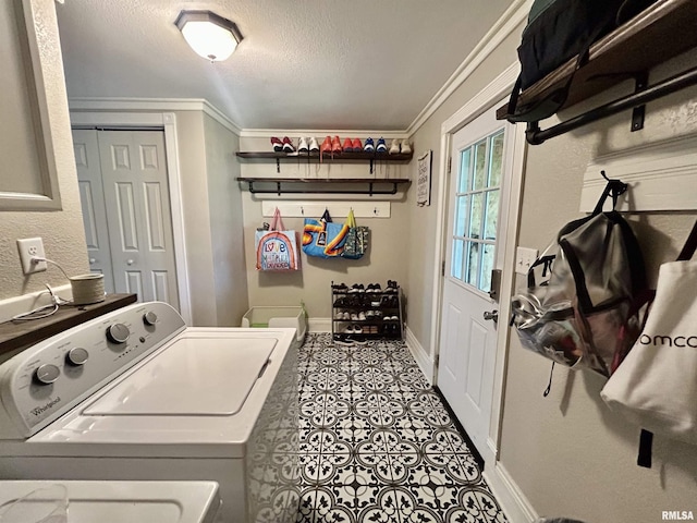 120 S Walnut St, Assumption, IL 62510 - washroom featuring crown molding, a textured ceiling, and washer / dryer