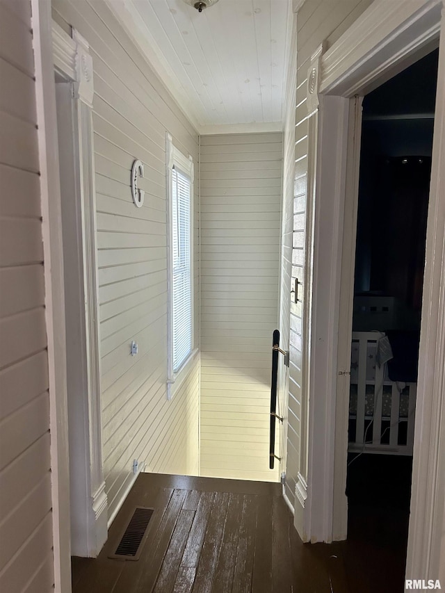 120 S Walnut St, Assumption, IL 62510 - hallway with wood walls and dark wood-type flooring
