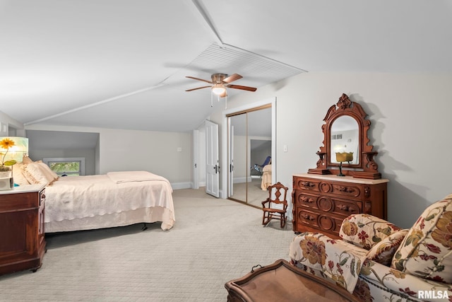 1125 Williams Blvd, Springfield, IL 62704 - bedroom featuring light colored carpet, vaulted ceiling, a ceiling fan, and a closet