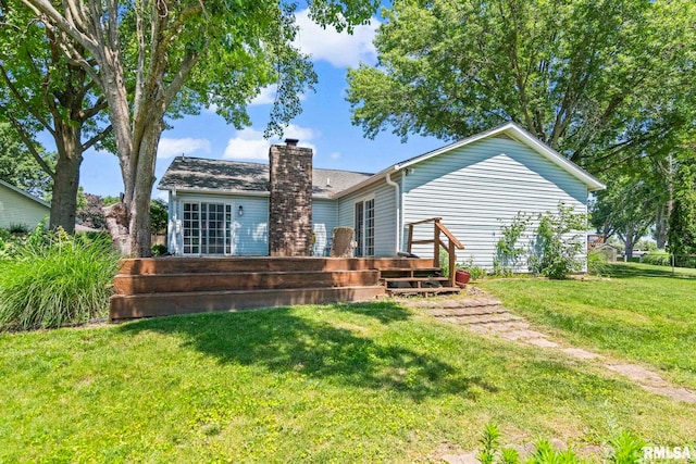 2924 Flowerbrook Ct, Springfield, IL 62702 - rear view of house featuring a deck, a chimney, and a lawn