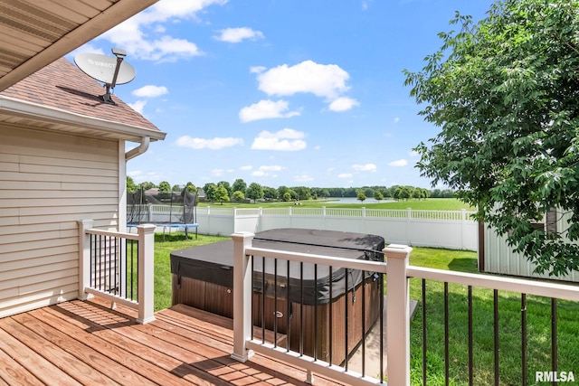 401 Cherry Cir, Williamsville, IL 62693 - wooden terrace featuring a hot tub, a trampoline, a fenced backyard, a view of countryside, and a shed