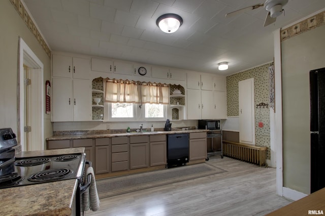 1940 Mulholland St, Nauvoo, IL 62354 - kitchen with black appliances, open shelves, a ceiling fan, and light wood-type flooring