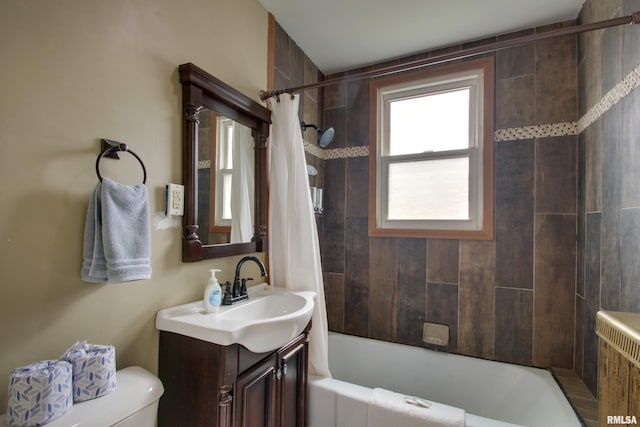 1940 Mulholland St, Nauvoo, IL 62354 - bathroom featuring vanity, shower / tub combo with curtain, and radiator heating unit