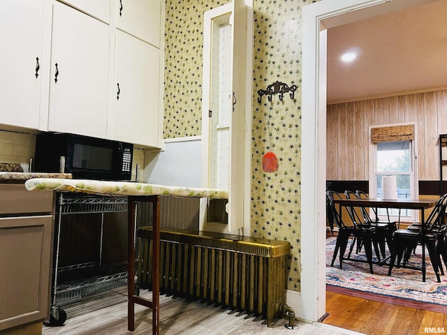 1940 Mulholland St, Nauvoo, IL 62354 - kitchen with black microwave, light wood finished floors, and white cabinets