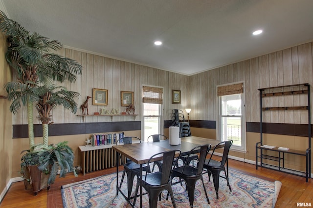 1940 Mulholland St, Nauvoo, IL 62354 - dining space featuring ornamental molding, wood finished floors, and recessed lighting