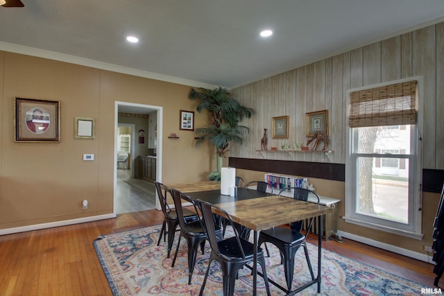 1940 Mulholland St, Nauvoo, IL 62354 - dining area featuring ornamental molding, plenty of natural light, hardwood / wood-style floors, and recessed lighting