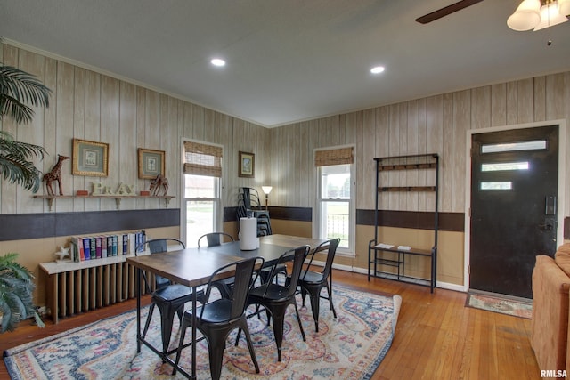1940 Mulholland St, Nauvoo, IL 62354 - dining area featuring ceiling fan, crown molding, wood-type flooring, and recessed lighting