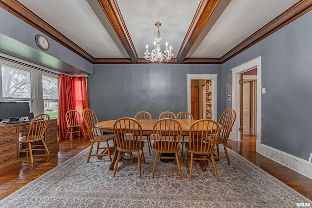 114 N Spring St, Mount Pulaski, IL 62548 - dining space with a chandelier, beamed ceiling, wood finished floors, and crown molding