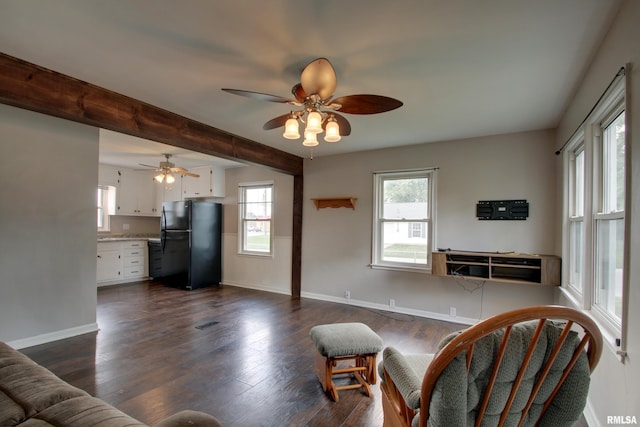 1421 N 13th St, Quincy, IL 62301 - living area featuring ceiling fan, dark wood-style floors, and beam ceiling