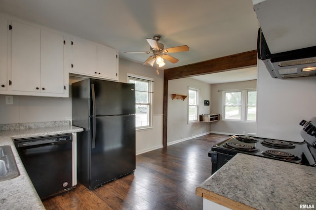 1421 N 13th St, Quincy, IL 62301 - kitchen featuring black appliances, range hood, ceiling fan, dark wood-style floors, and white cabinetry