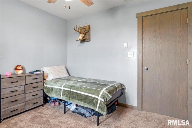 19581 Finney Rd, Girard, IL 62640 - carpeted bedroom with a ceiling fan and a closet