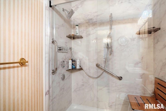 603 W Jefferson St, Auburn, IL 62615 - full bathroom featuring a marble finish shower and wallpapered walls