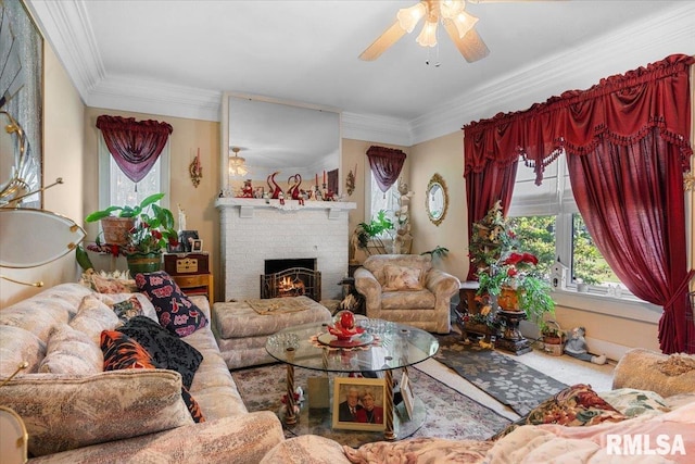 603 W Jefferson St, Auburn, IL 62615 - living area with a ceiling fan, healthy amount of natural light, ornamental molding, and a brick fireplace