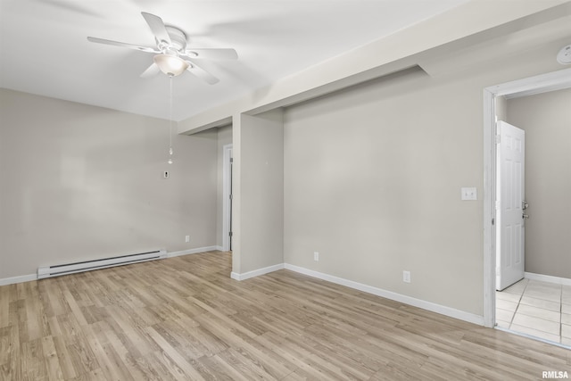508 N Washington St, Mount Pulaski, IL 62548 - empty room featuring a baseboard radiator, ceiling fan, light wood-style flooring, and a smoke detector