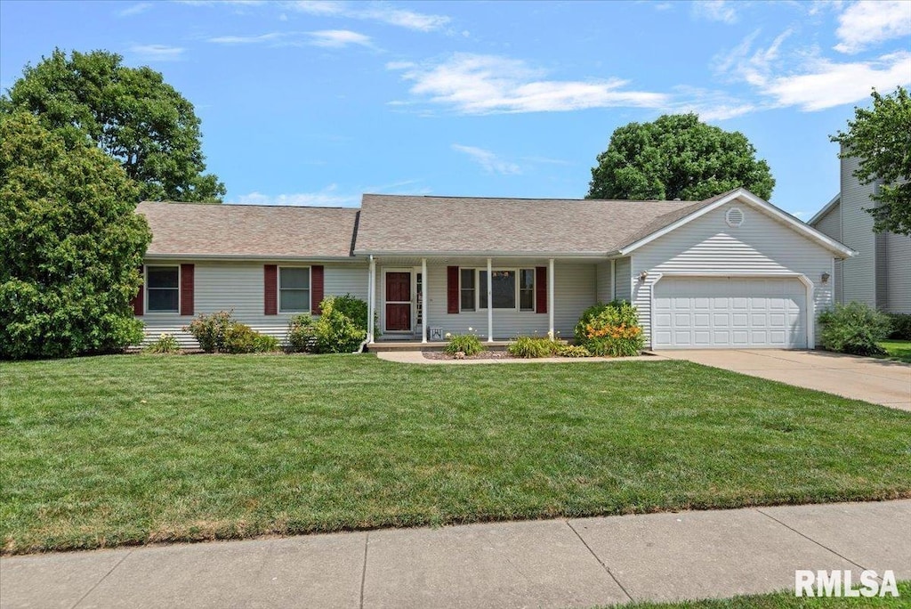 413 Windamere Dr, Sherman, IL 62684 - ranch-style house featuring a garage, a front lawn, driveway, and a porch