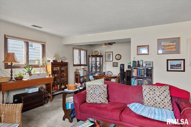 102 W Scarritt St, Springfield, IL 62704 - living room with carpet, a textured ceiling, and a ceiling fan