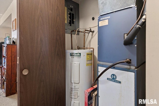 102 W Scarritt St, Springfield, IL 62704 - utility room featuring water heater, electric panel, and heating unit