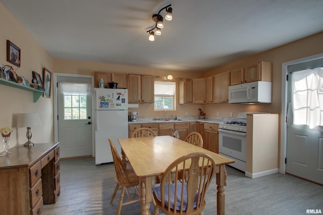 461 Oak St, Hamilton, IL 62341 - kitchen with white appliances, light wood finished floors, light countertops, and open shelves