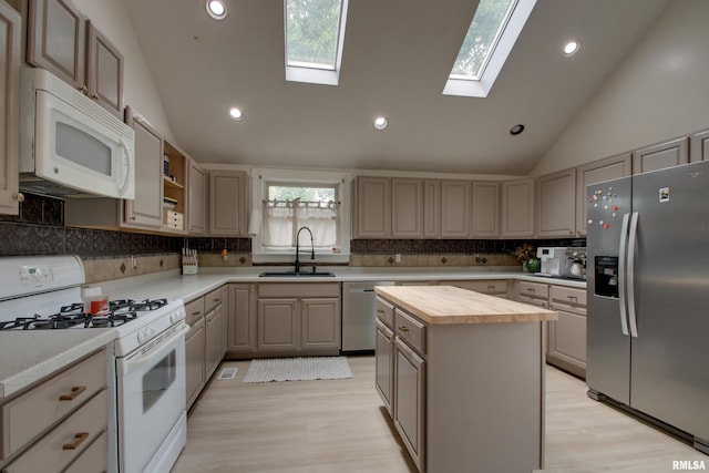2117 Hampshire St, Quincy, IL 62301 - kitchen featuring appliances with stainless steel finishes, butcher block countertops, vaulted ceiling, a skylight, and tasteful backsplash